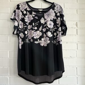 Cato Floral Blouse Large Black Purple Crisscross Neck Boho Cottagecore